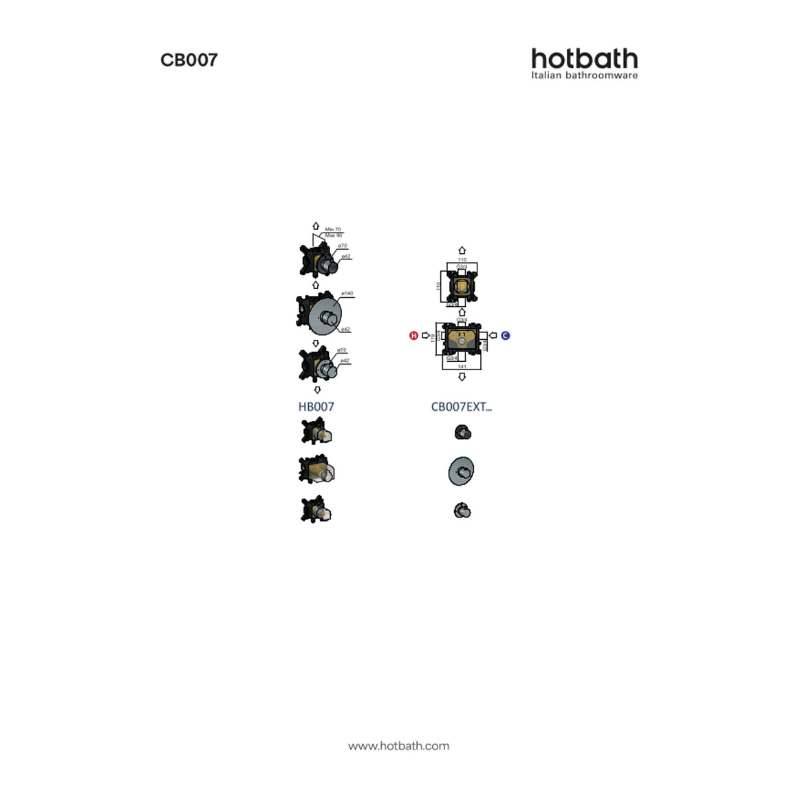 Hotbath Cobber CB007 inbouw thermostaat met 2 stopkranen technische tekening