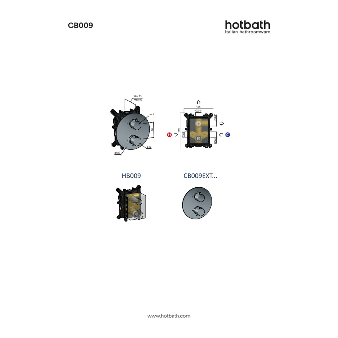 Hotbath Cobber CB009 inbouw thermostaat met 2-weg stop-omstel technische tekening