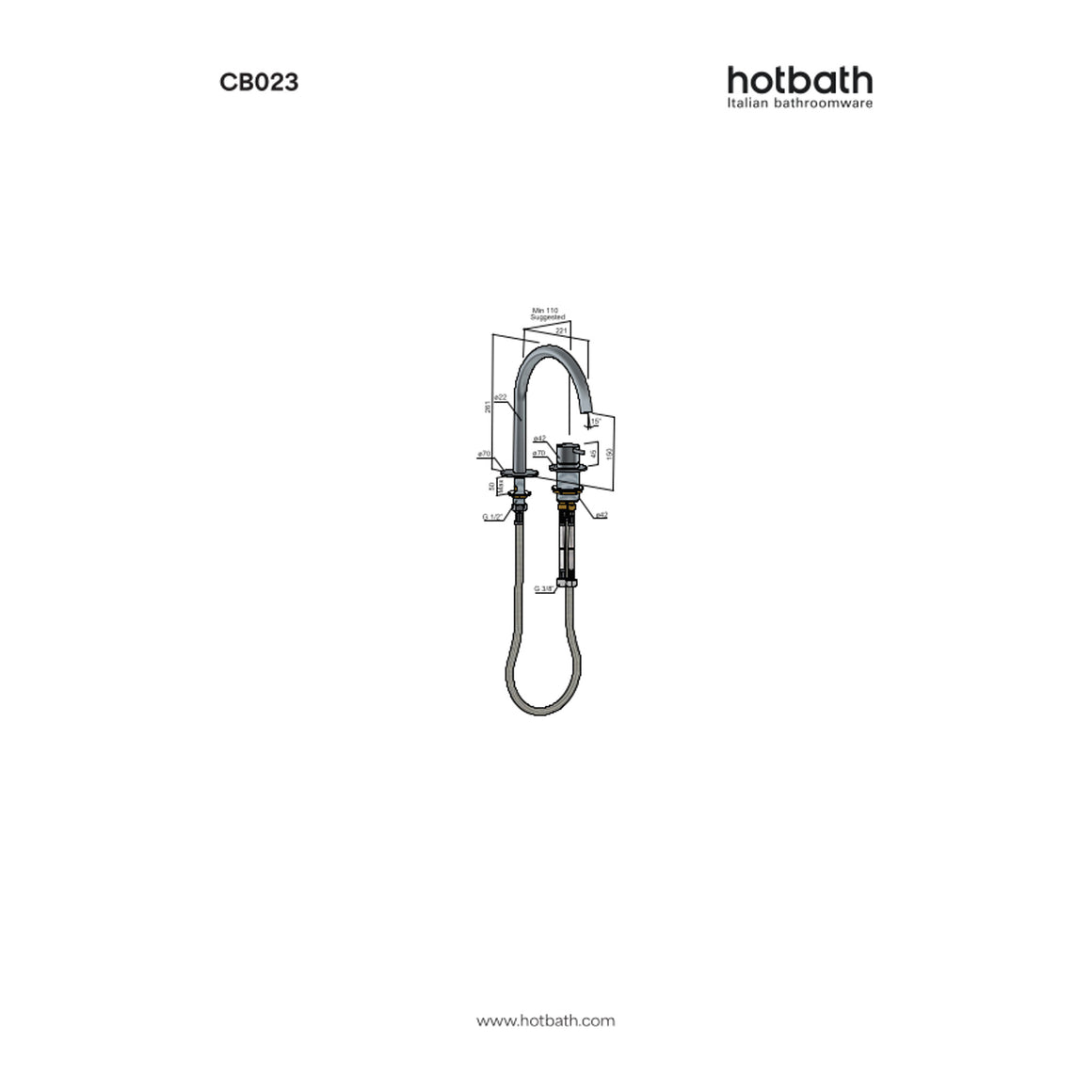 Hotbath Cobber CB023 2-gats wastafelmengkraan technische tekening