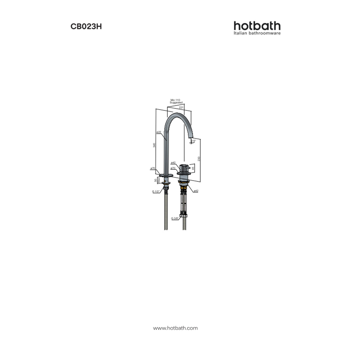 Hotbath Cobber CB023H hoge 2-gats wastafelmengkraan technische tekening
