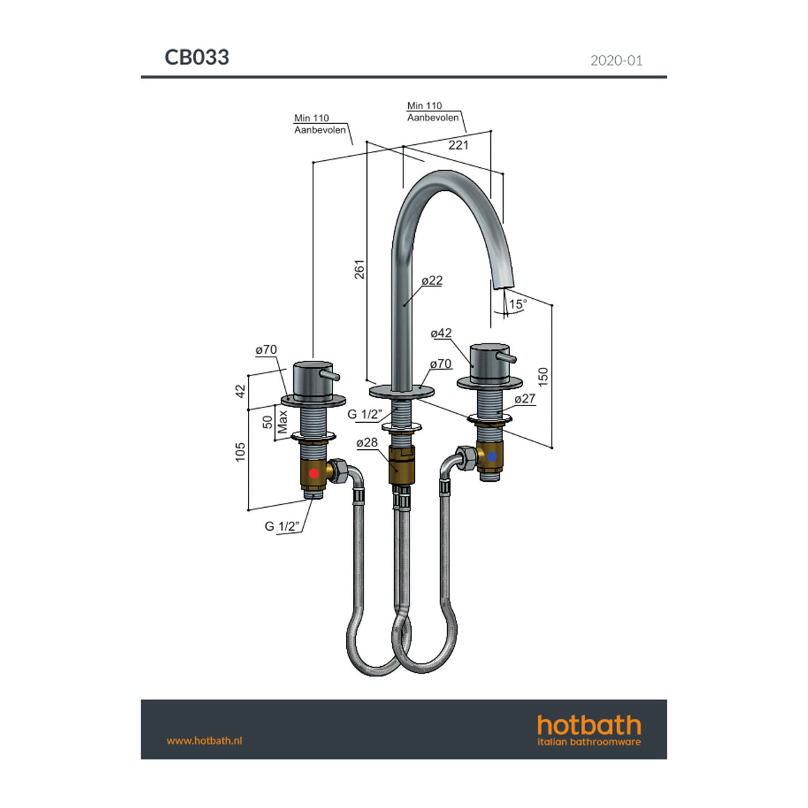 Hotbath Cobber CB033 3-gats wastafelmengkraan technische tekening