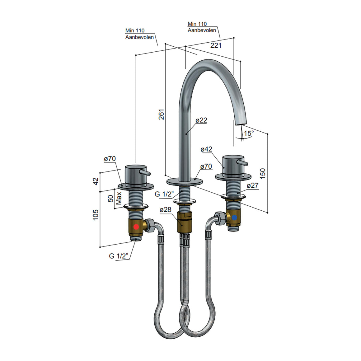 Hotbath Cobber CB033 3-gats wastafelmengkraan Verouderd ijzer productfoto