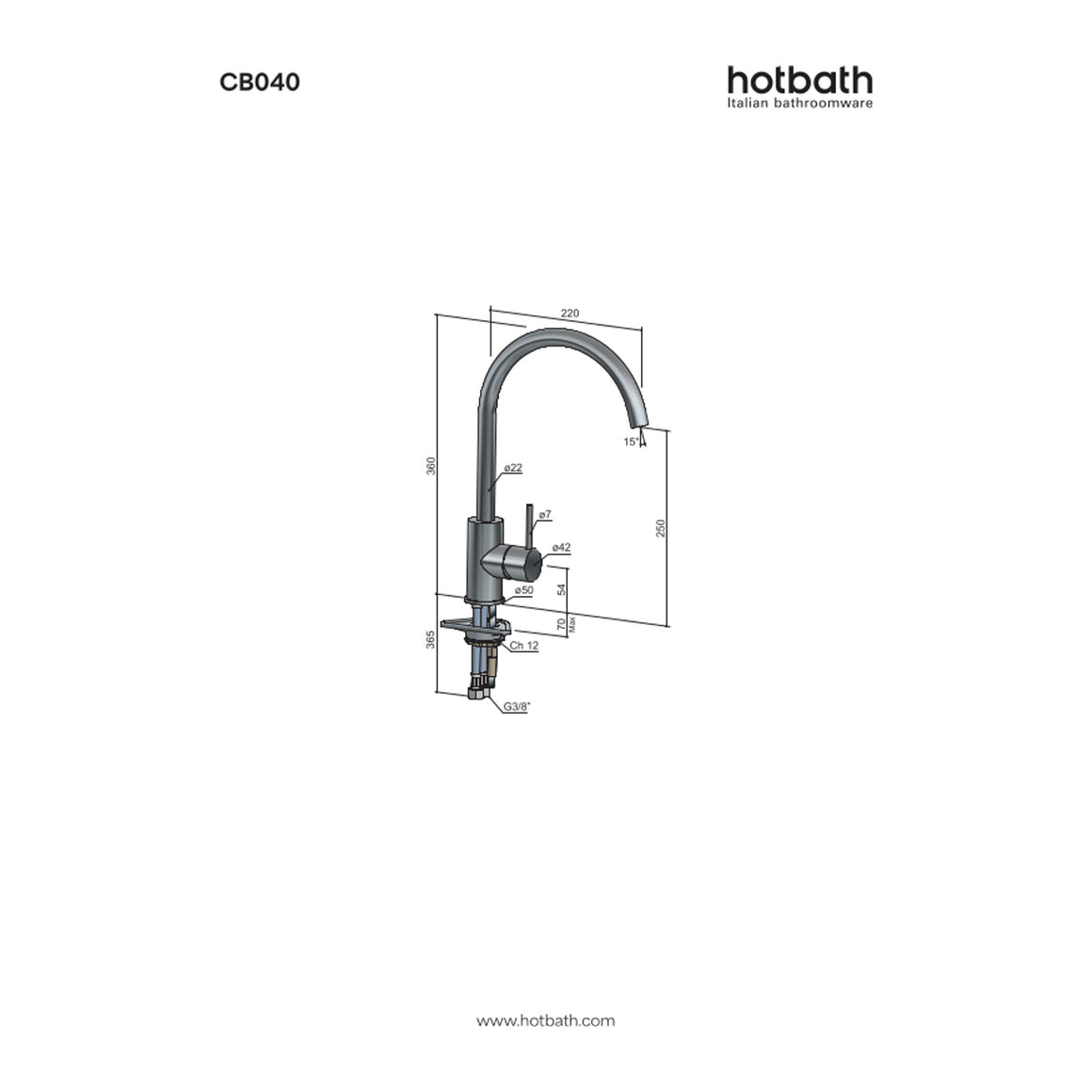Hotbath Cobber CB040 keukenmengkraan met draaibare gebogen uitloop technische tekening