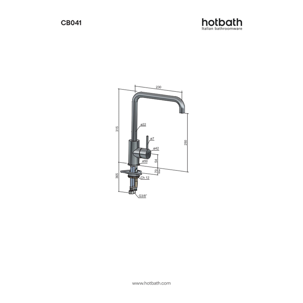 Hotbath Cobber CB041 keukenmengkraan met draaibare rechte uitloop technische tekening