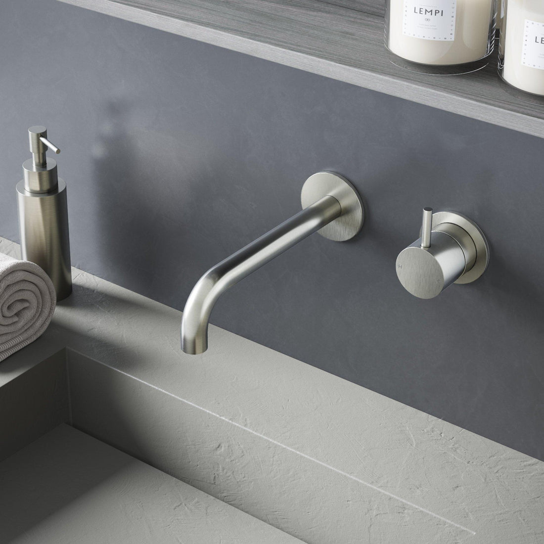 Hotbath Cobber CB105 inbouw wastafelkraan 2-gats uitloop 18 cm geborsteld nikkel sfeerfoto