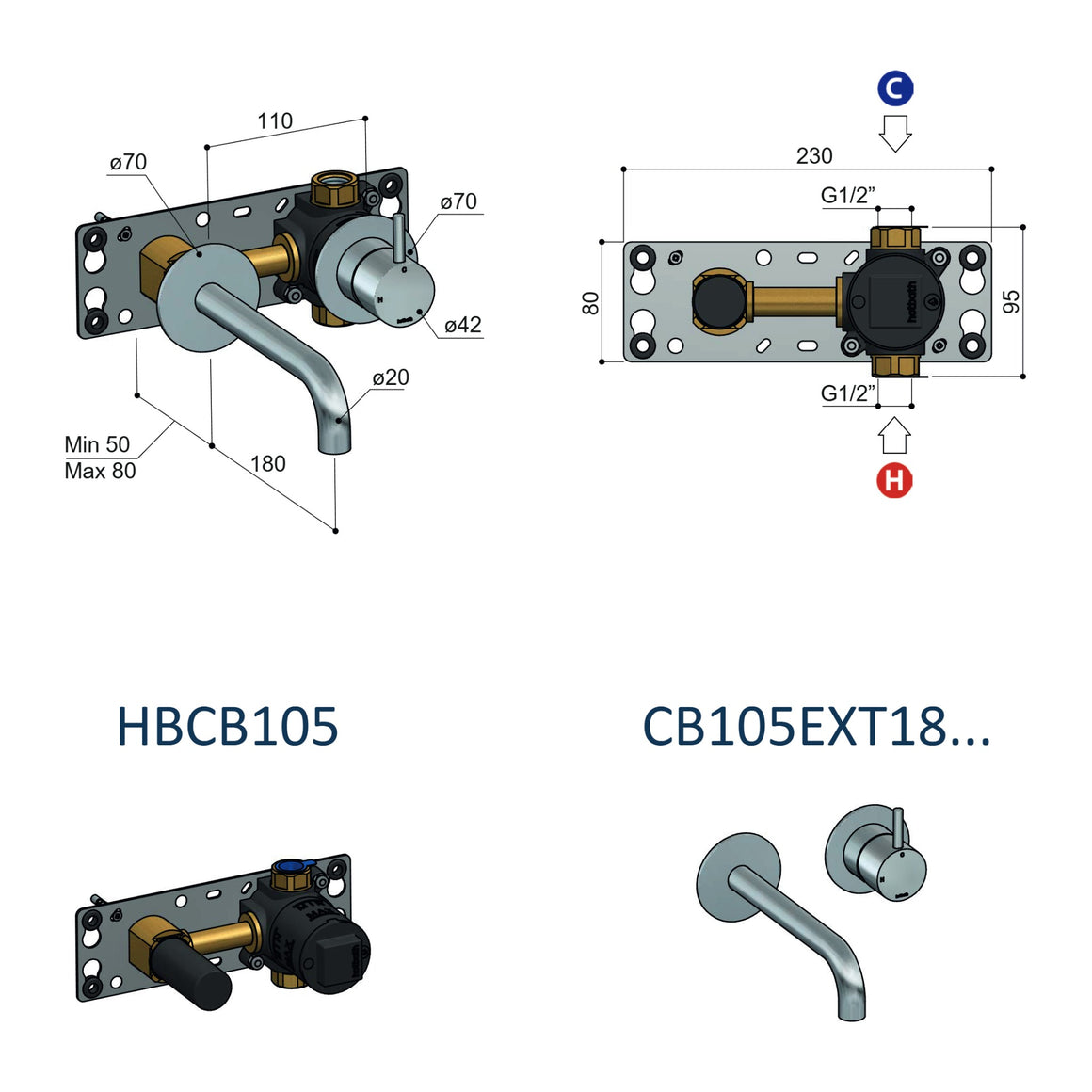 Hotbath Cobber CB105 inbouw wastafelkraan 2-gats uitloop 18 cm technische tekening