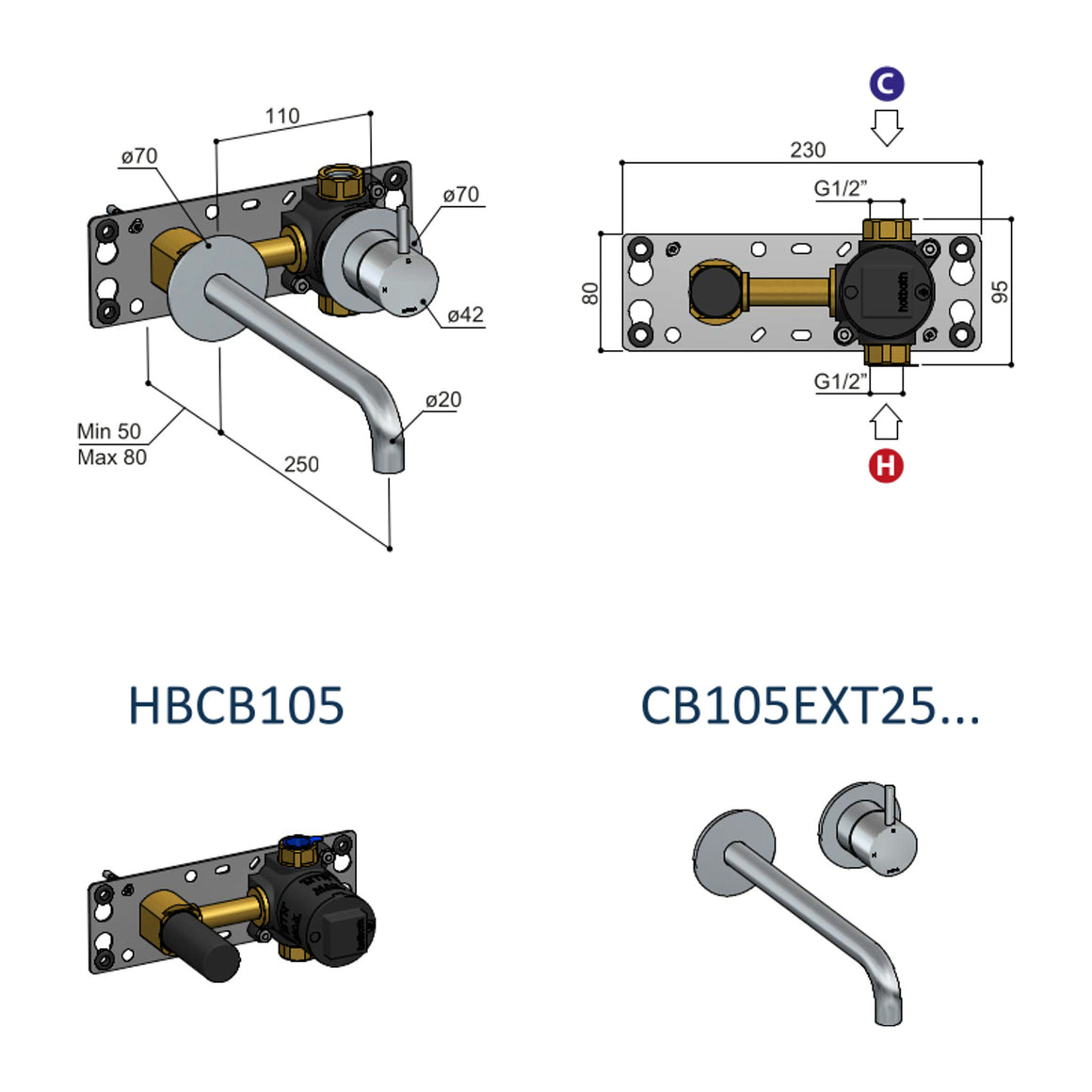 Hotbath Cobber CB105EXT25 inbouw wastafelmengkraan 2-gats met 25 cm uitloop technische tekening