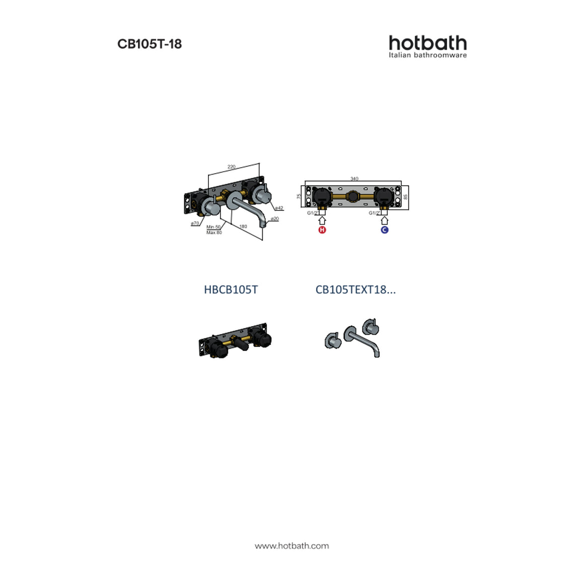 Hotbath Cobber CB105T inbouw wastafelmengkraan 3-gats 18 cm technische tekening
