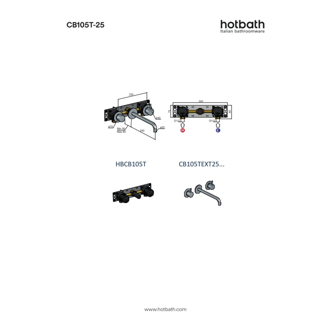 Hotbath Cobber CB105T inbouw wastafelmengkraan 3-gats 25 cm technische tekening