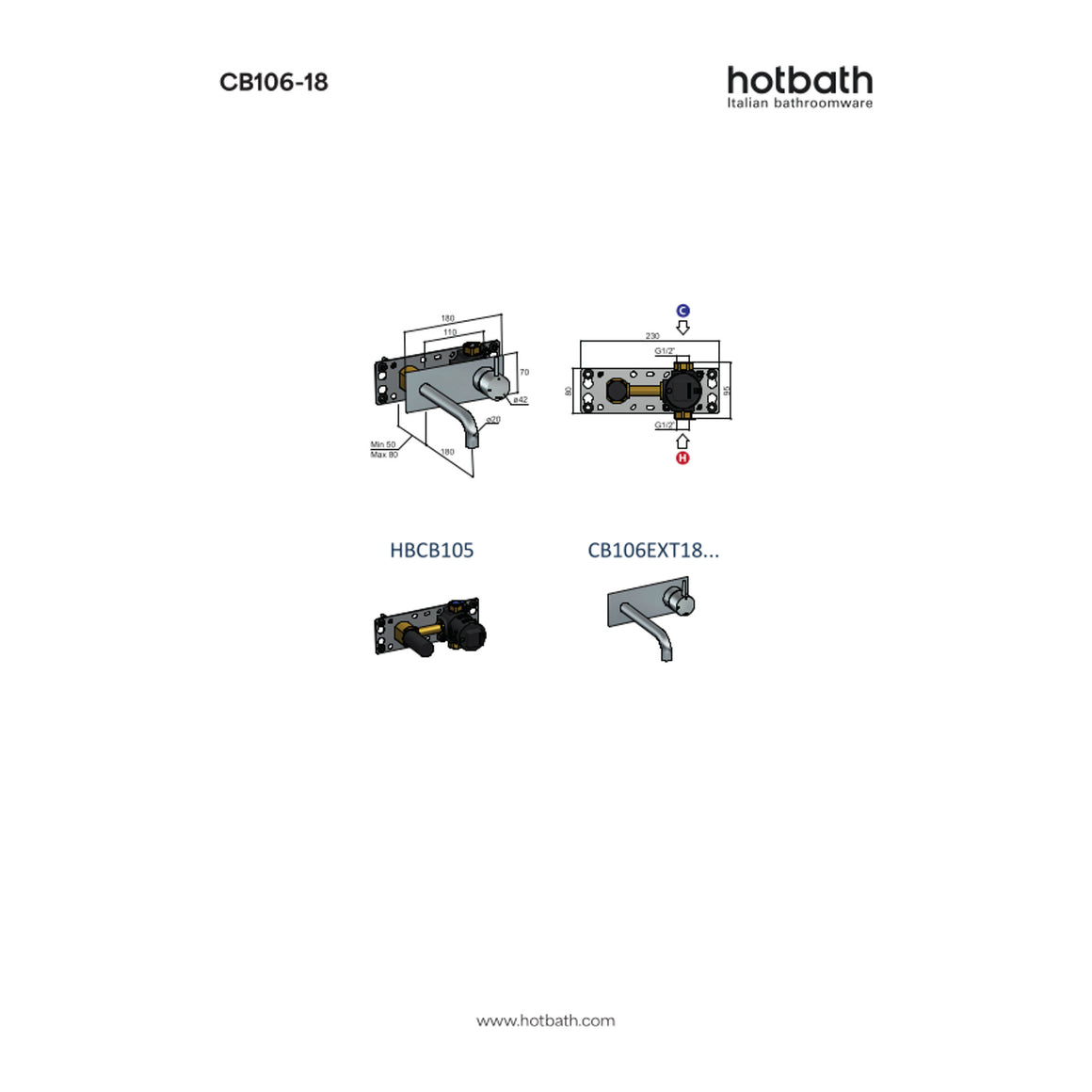 Hotbath Cobber CB106 inbouw wastafelmengkraan met achterplaat 18 cm technische tekening