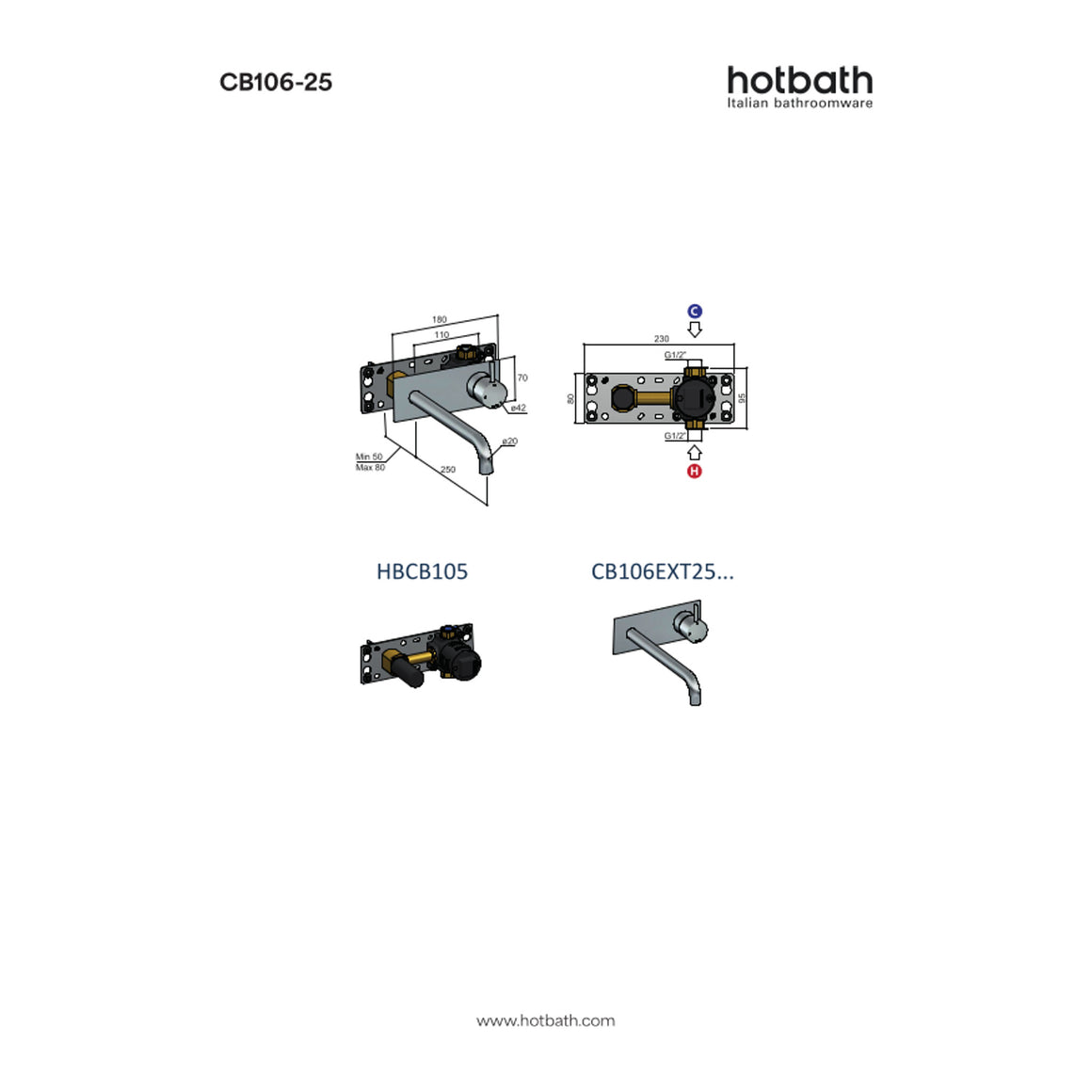 Hotbath Cobber CB106 inbouw wastafelmengkraan met achterplaat 25 cm technische tekening