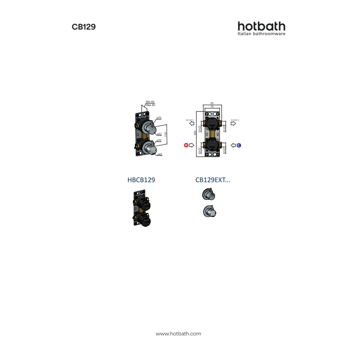 Hotbath Cobber CB129 inbouw douchemengkraan met 2-weg omstel technische tekening
