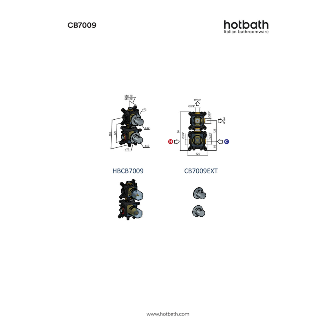 Hotbath Cobber CB7009 inbouw thermostaat met 2-weg stop-omstel technische tekening