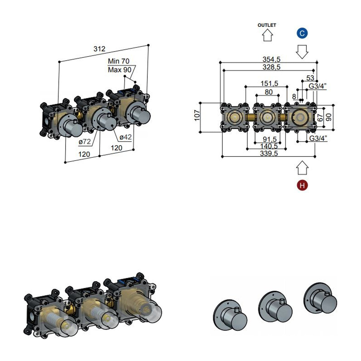 Hotbath Cobber CB7067 inbouw douchethermostaat met 2 stopkranen Chroom productfoto