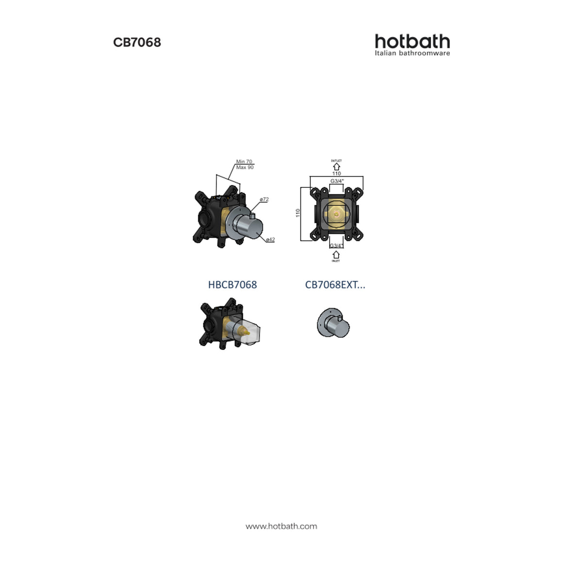 Hotbath Cobber CB7068 inbouw stopkraan Cobber 70 technische tekening