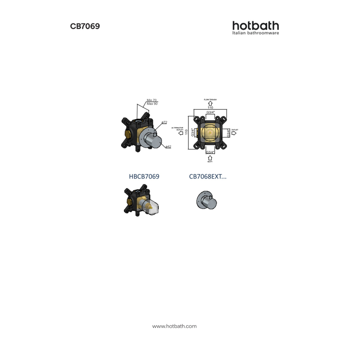 Hotbath Cobber CB7069 inbouw stopkraan Cobber 70 high flow technische tekening