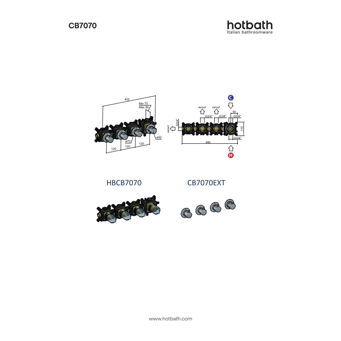 Hotbath Cobber CB7070 inbouw douchethermostaat met 3 stopkranen technische tekening