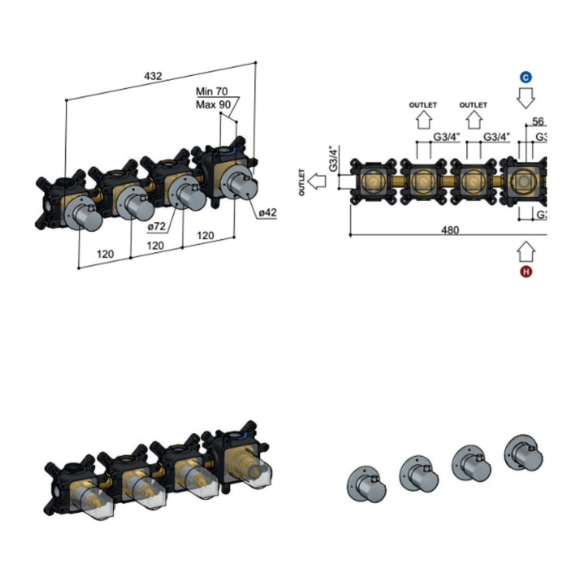 Hotbath Cobber CB7070 inbouw douchethermostaat met 3 stopkranen Geborsteld messing sfeerfoto