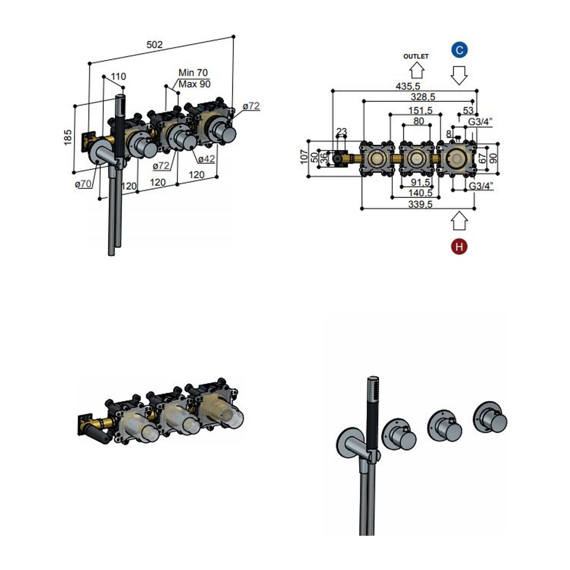 Hotbath Cobber CB7071 inbouw bad/douchethermostaat met 2 stopkranen zonder uitloop Verouderd ijzer productfoto