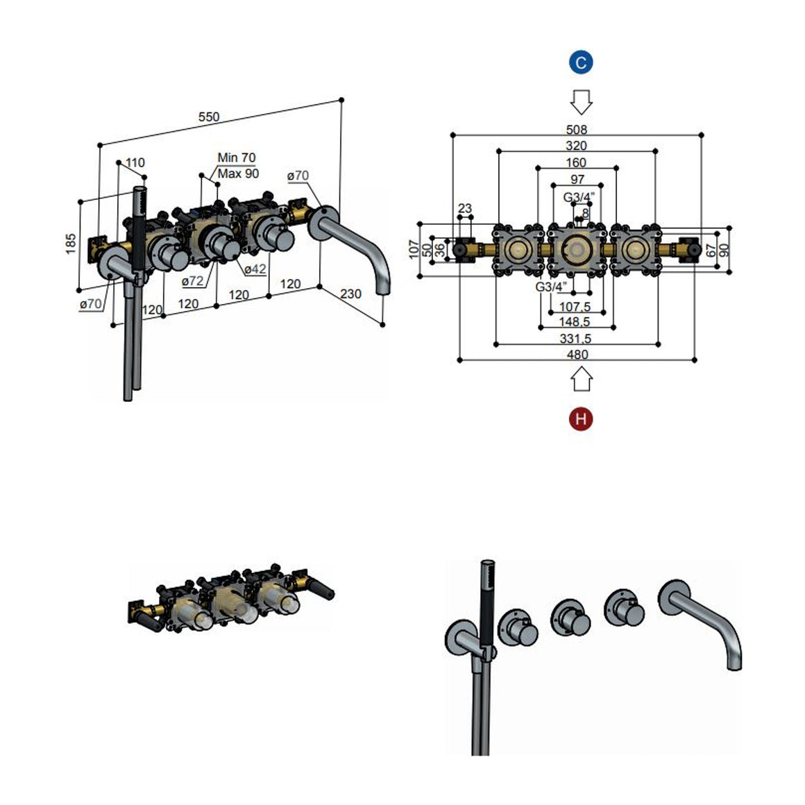Hotbath Cobber CB7072 inbouw badthermostaat met 2 stopkranen en uitloop Chroom productfoto