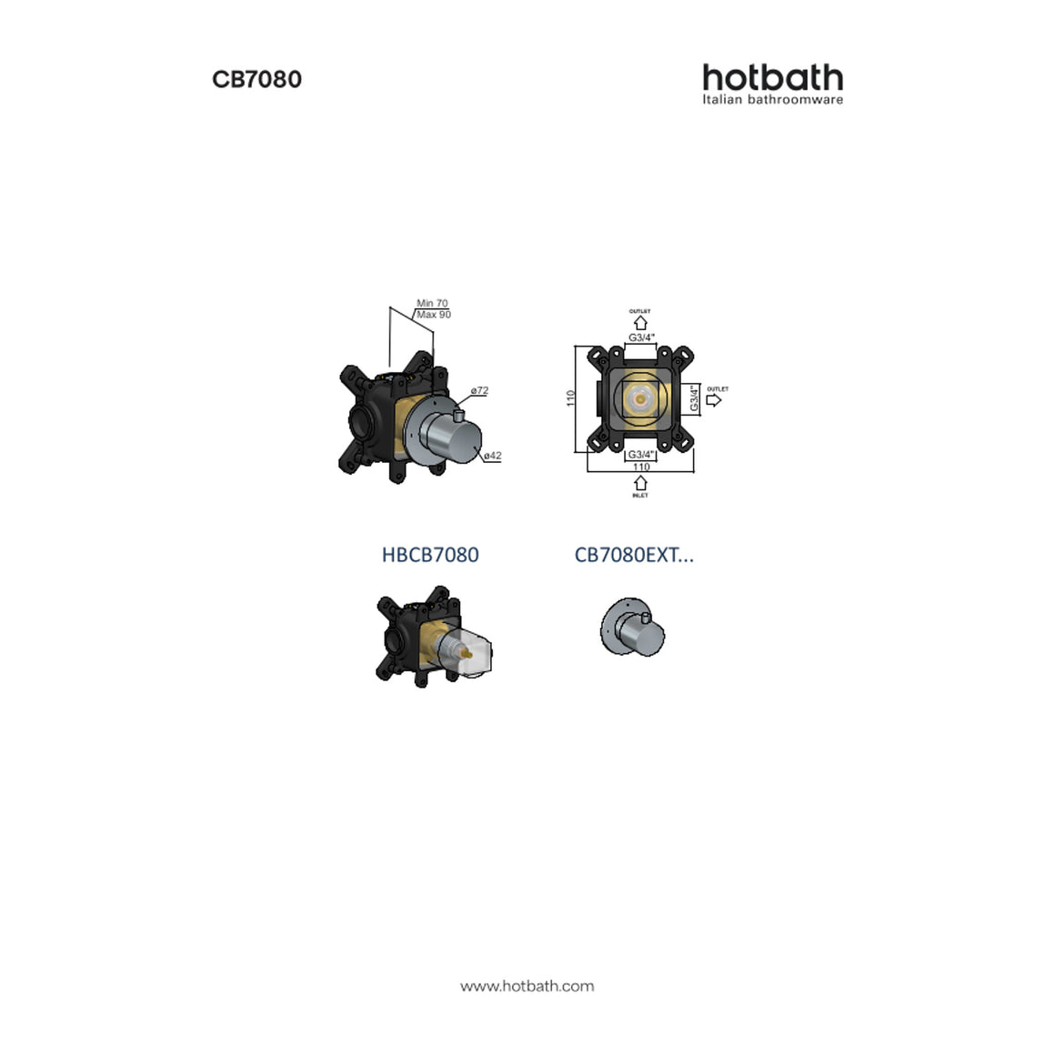 Hotbath Cobber CB7080 inbouw 2-weg omstel met stopfunctie technische tekening