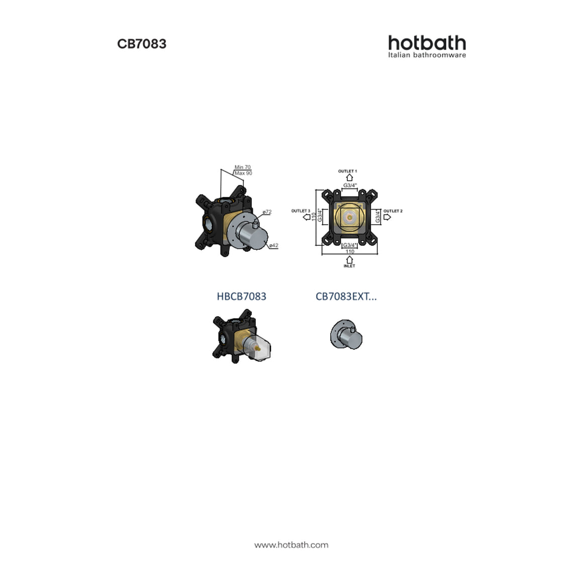 Hotbath Cobber CB7083 inbouw 3-weg stop-omstel technische tekening