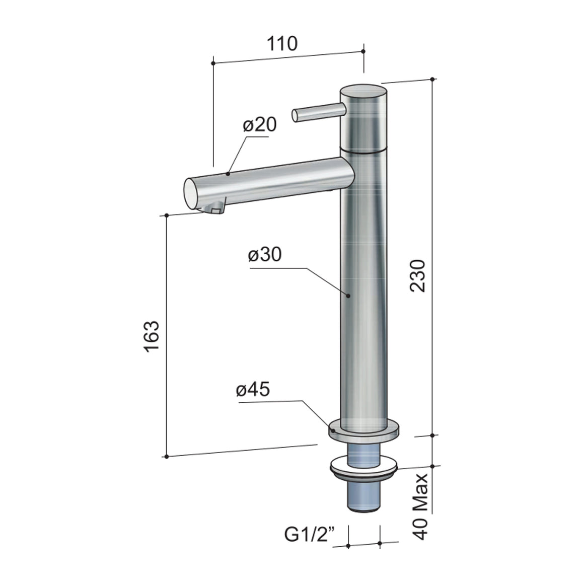 Hotbath Cobber EH001 hoge fonteinkraan technische tekening