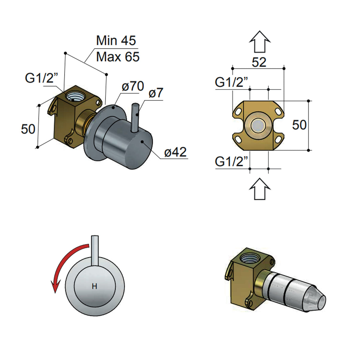 Hotbath Cobber HBCB010H inbouwdeel voor stopkraan warm water productfoto