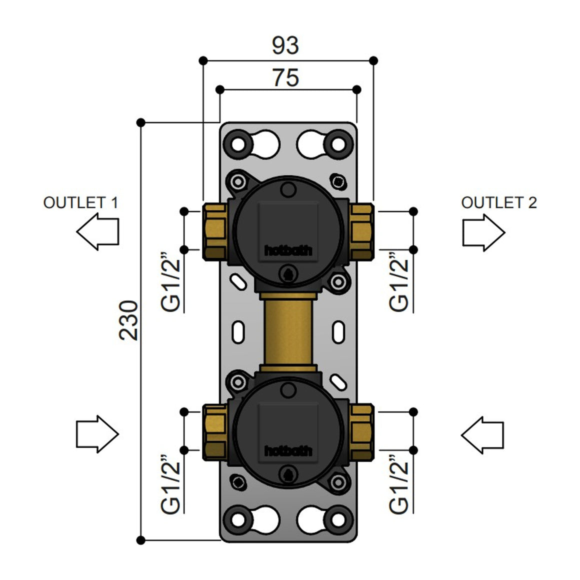 Hotbath Cobber HBCB129 inbouwdeel voor douchemengkraan met 2-weg omstel technische tekening
