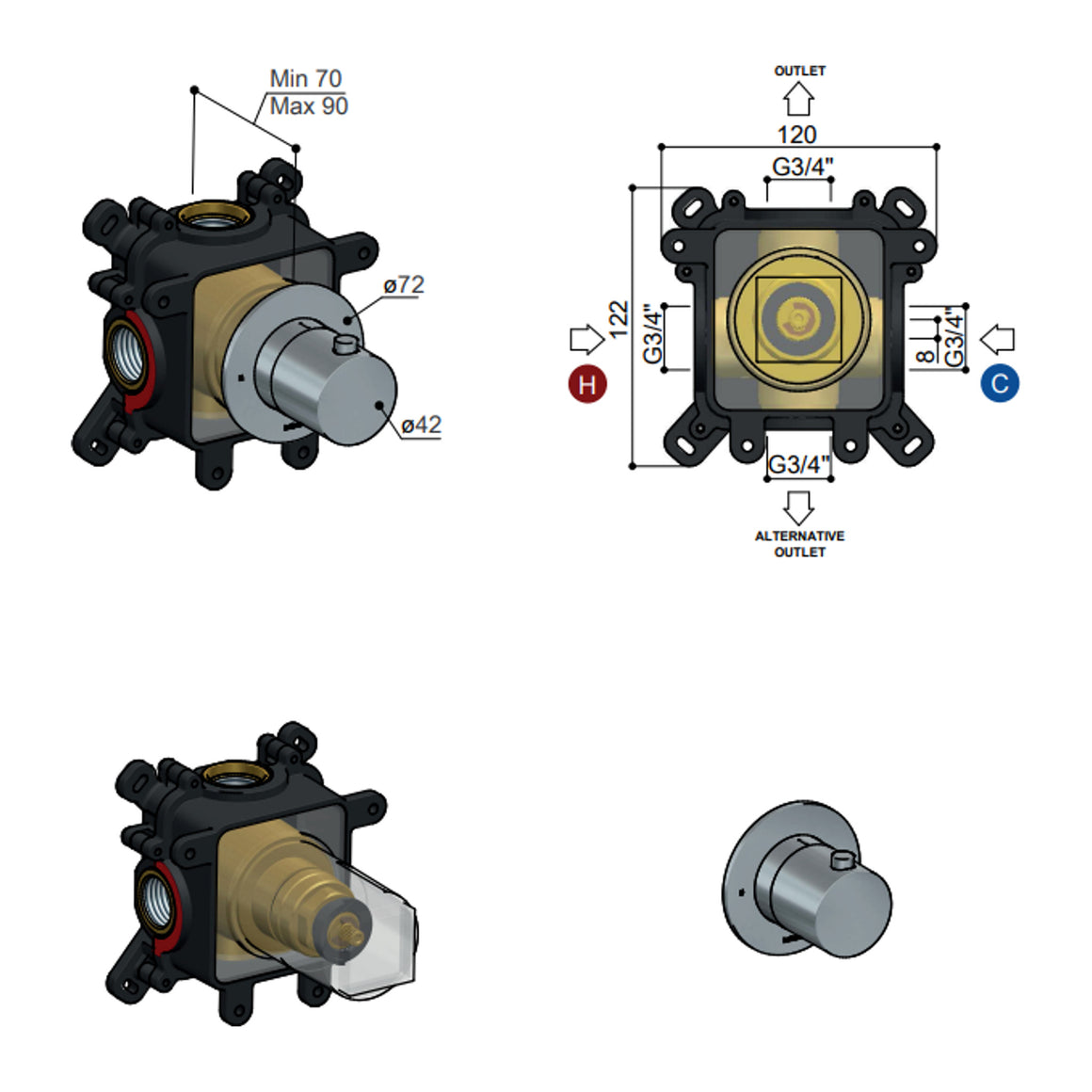 Hotbath Cobber HBCB7001V inbouwdeel voor thermostaat Cobber 70 verticaal technische tekening