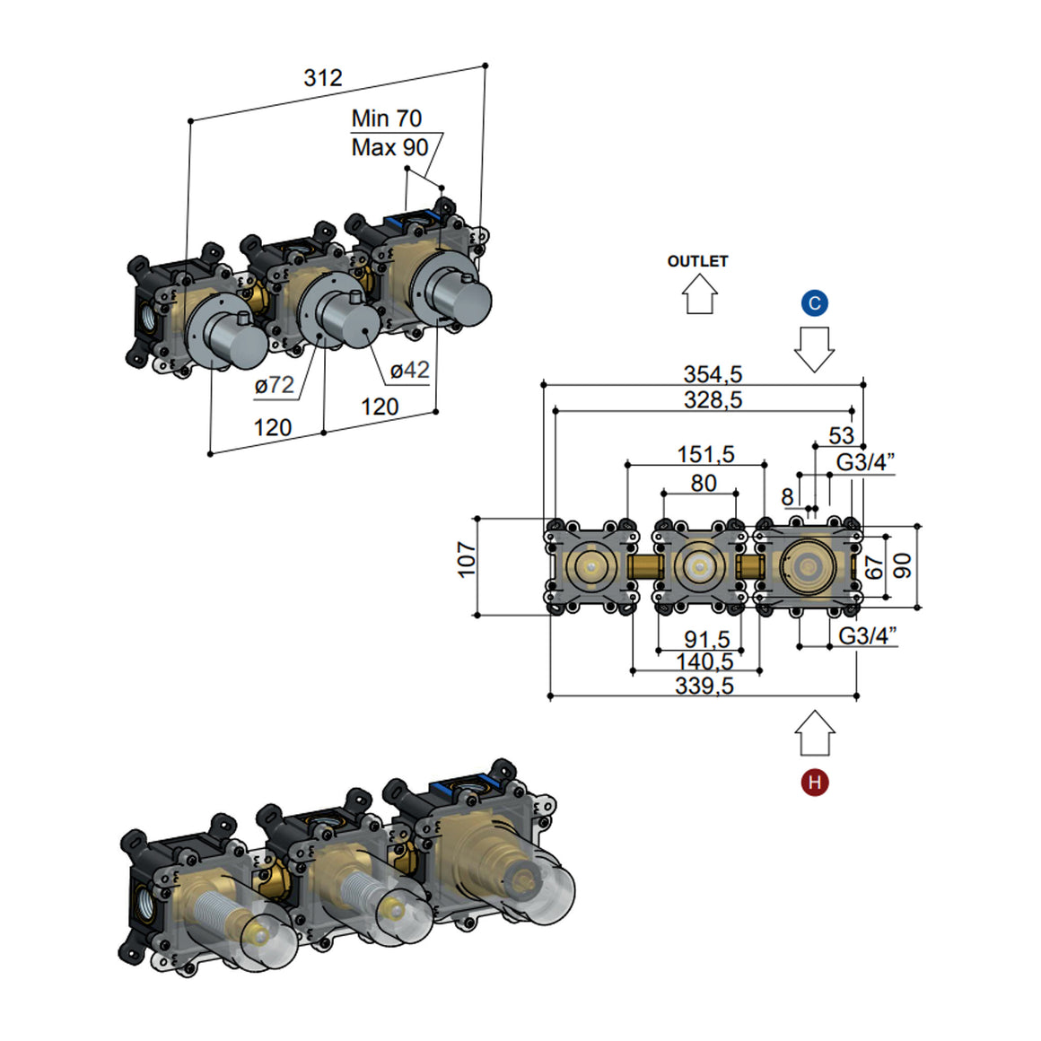 Hotbath Cobber HBCB7067 inbouwdeel voor douchethermostaat met 2 stopkranen productfoto