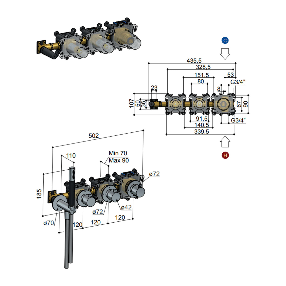 Hotbath Cobber HBCB7071 inbouwdeel voor bad/douchethermostaat met 2 stopkranen zonder uitloop productfoto