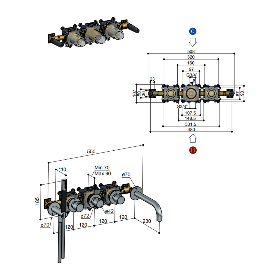 Hotbath Cobber HBCB7072 inbouwdeel voor badthermostaat met 2 stopkranen en uitloop productfoto