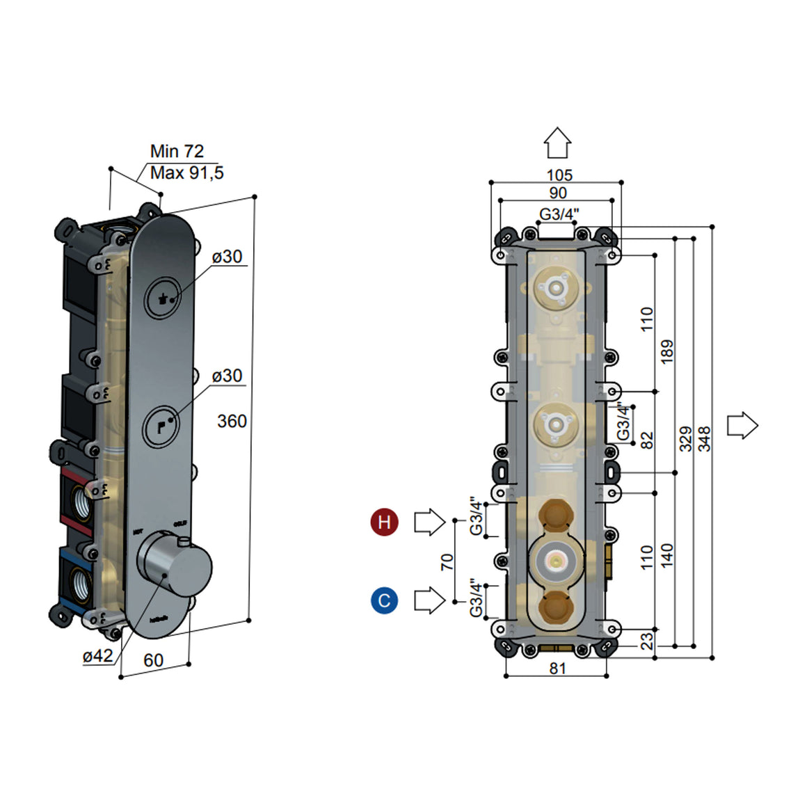 Hotbath Cobber HBPB066 inbouwdeel voor thermostaat met 2 pushbuttons verticaal productfoto