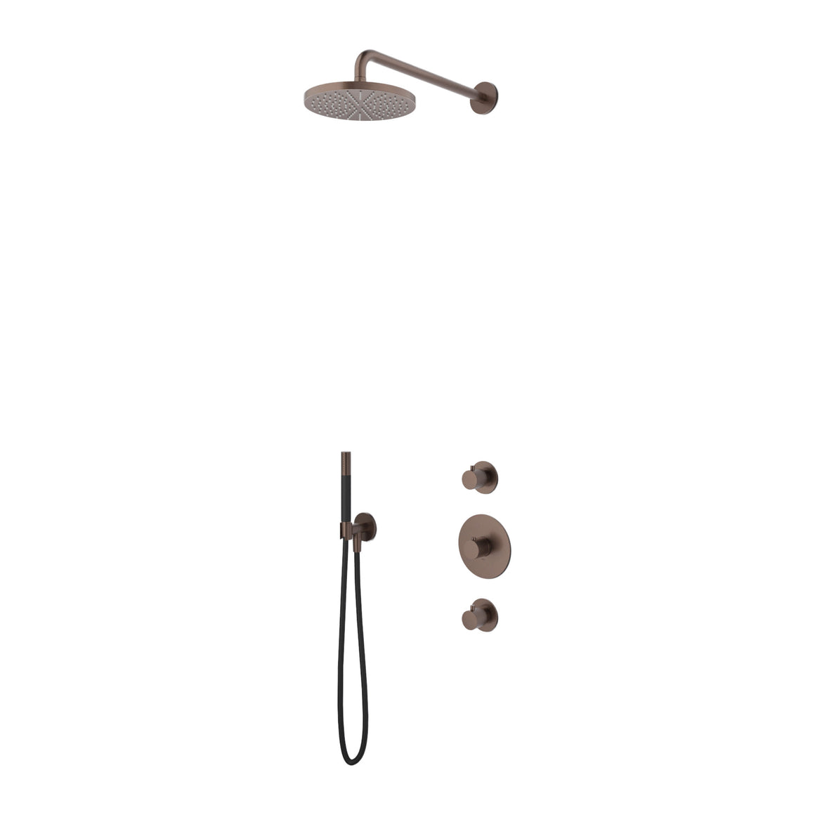 Hotbath Cobber IBS20 inbouw regendoucheset thermostatisch met 2 stopkranen Geborsteld koper PVD Staafhanddouche + wandarm + hoofddouche 20 cm productfoto