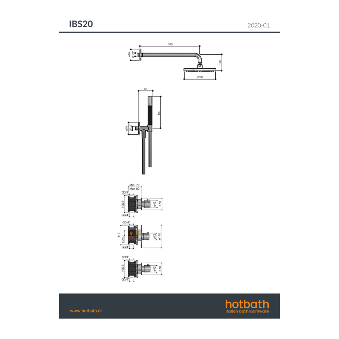 Hotbath Cobber IBS20 inbouw regendoucheset thermostatisch met 2 stopkranen technische tekening