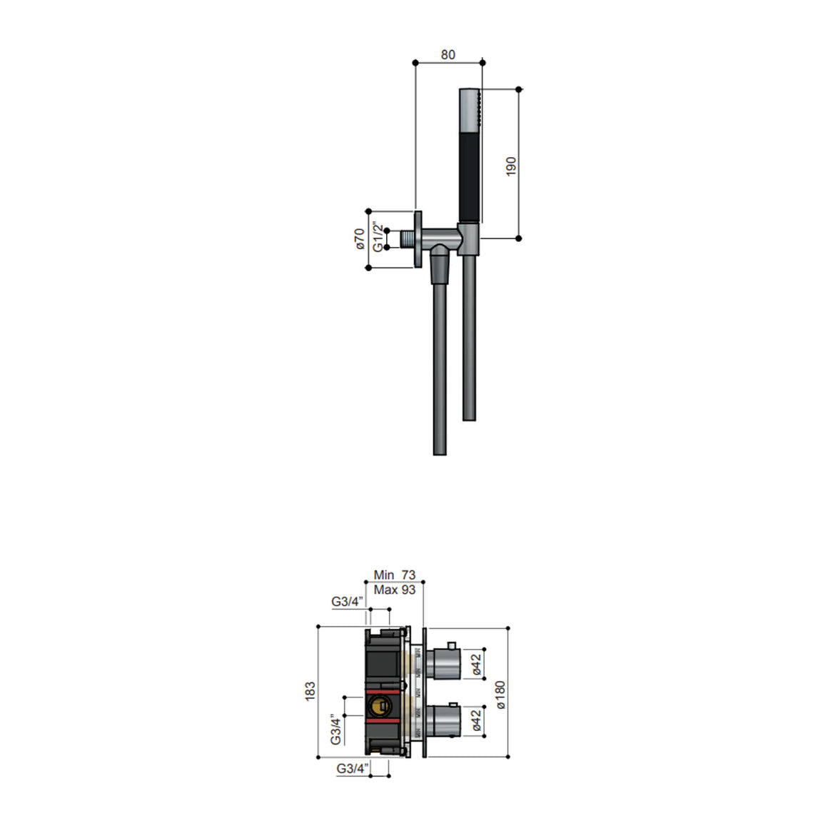 Hotbath Cobber IBS20A inbouw regendoucheset thermostatisch met 2-weg stop-omstel Chroom 3-standen handdouche + wandarm + hoofddouche 20 cm productfoto