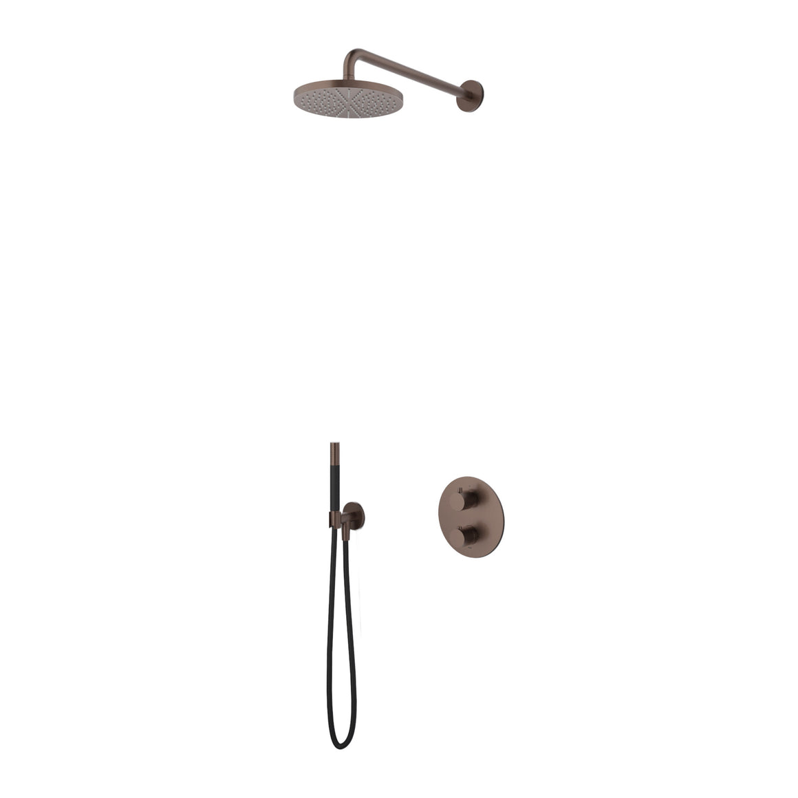 Hotbath Cobber IBS20A inbouw regendoucheset thermostatisch met 2-weg stop-omstel Geborsteld koper PVD Staafhanddouche + wandarm + hoofddouche 20 cm productfoto