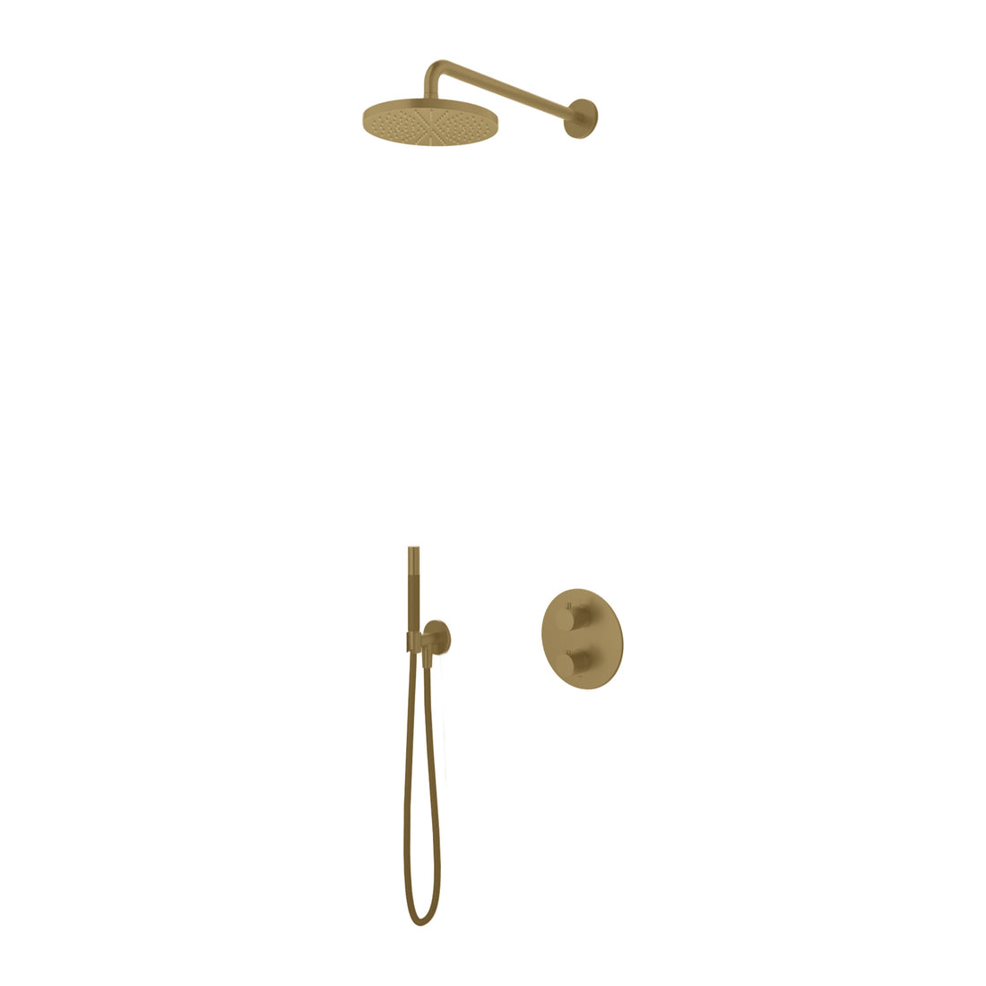 Hotbath Cobber IBS20A inbouw regendoucheset thermostatisch met 2-weg stop-omstel Geborsteld messing PVD Staafhanddouche + wandarm + hoofddouche 20 cm productfoto (kleurimpressie)