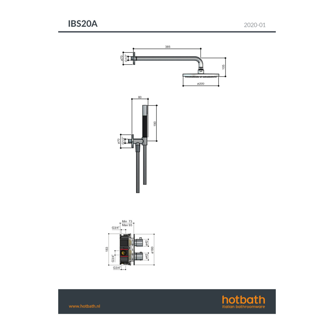 Hotbath Cobber IBS20A inbouw regendoucheset thermostatisch met 2-weg stop-omstel technische tekening