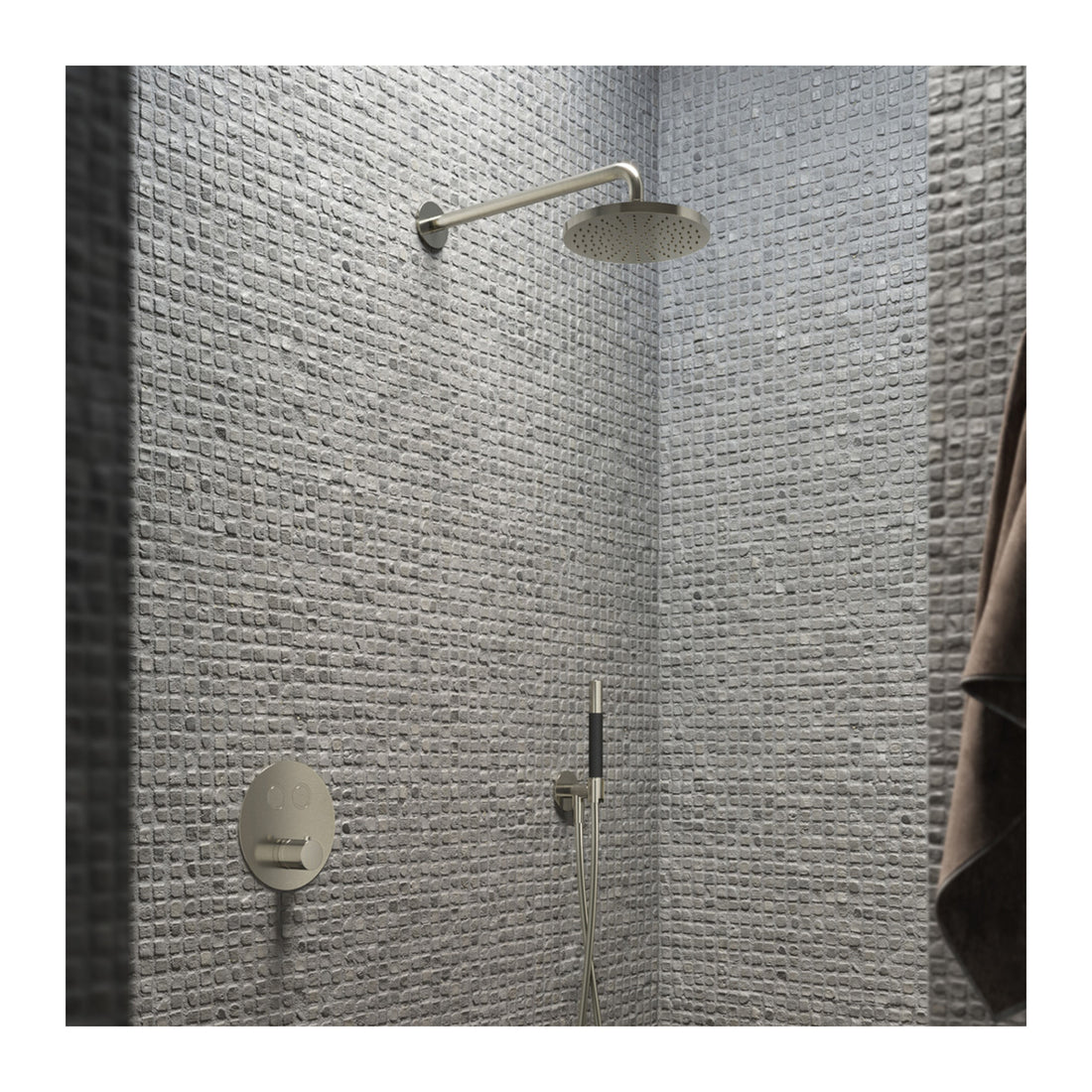 Hotbath Cobber IBS22 inbouw regendoucheset thermostatisch met 2 ronde pushbuttons Geborsteld nikkel sfeerfoto