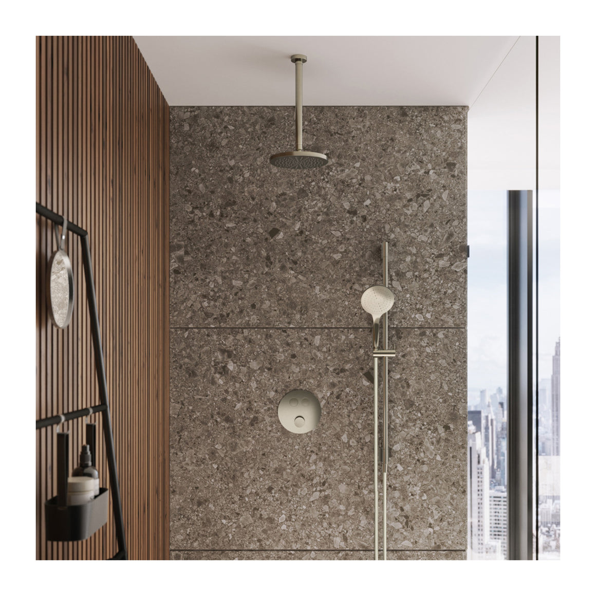 Hotbath Cobber IBS22 inbouw regendoucheset thermostatisch met 2 ronde pushbuttons Chroom 3-standen handdouche + wandarm + hoofddouche 20 cm productfoto