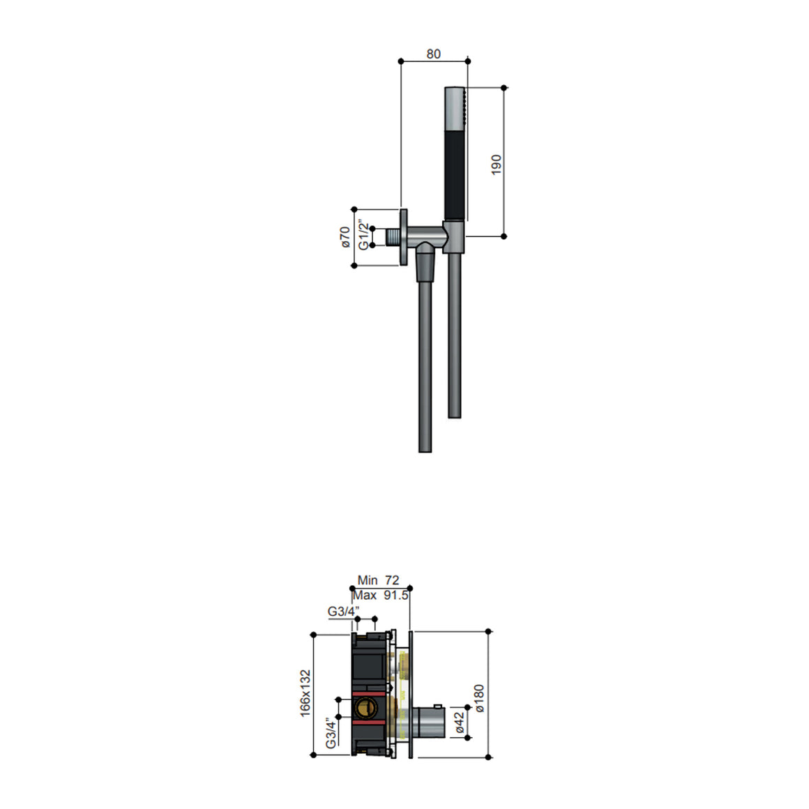 Hotbath Cobber IBS22 inbouw regendoucheset thermostatisch met 2 ronde pushbuttons Chroom 3-standen handdouche + wandarm + hoofddouche 20 cm productfoto