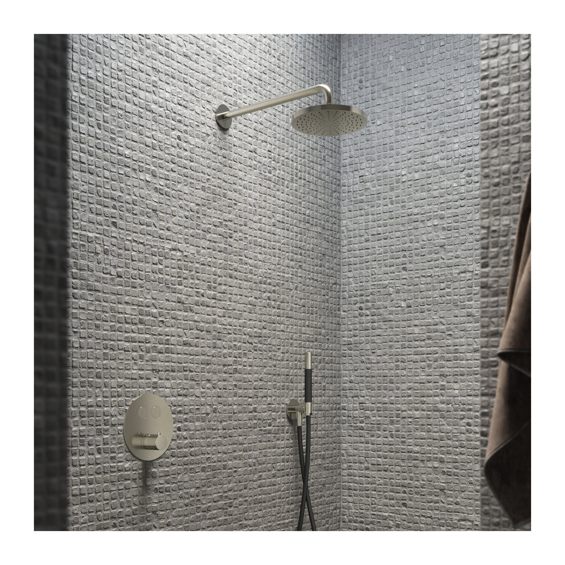 Hotbath Cobber IBS22 inbouw regendoucheset thermostatisch met 2 ronde pushbuttons Geborsteld nikkel sfeerfoto
