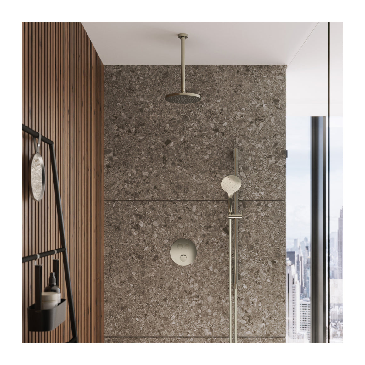Hotbath Cobber IBS22 inbouw regendoucheset thermostatisch met 2 ronde pushbuttons Chroom Staafhanddouche + wandarm + hoofddouche 20 cm productfoto