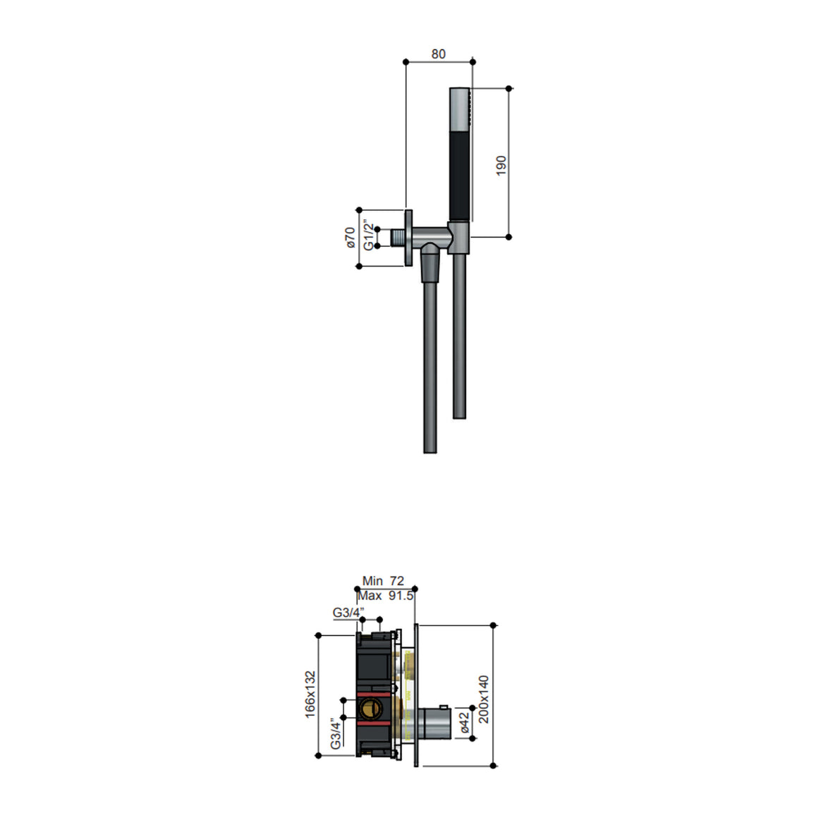 Hotbath Cobber IBS23 inbouw regendoucheset thermostatisch met 2 vierkante pushbuttons Chroom 3-standen handdouche + wandarm + hoofddouche 30 cm productfoto