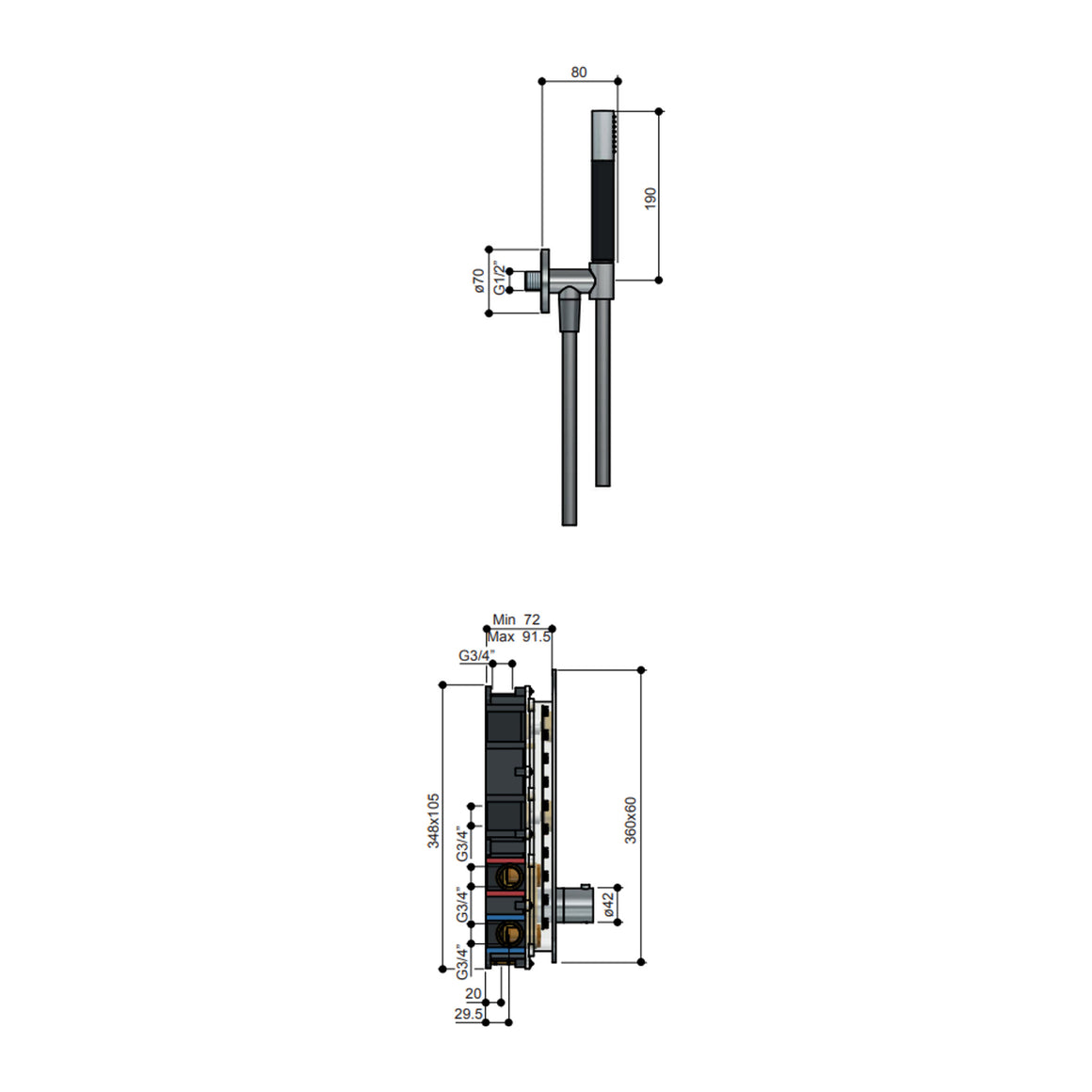 Hotbath Cobber IBS24 inbouw regendoucheset thermostatisch met 2 pushbuttons verticaal Chroom Staafhanddouche + plafondbuis 15 cm + hoofddouche 30 cm productfoto