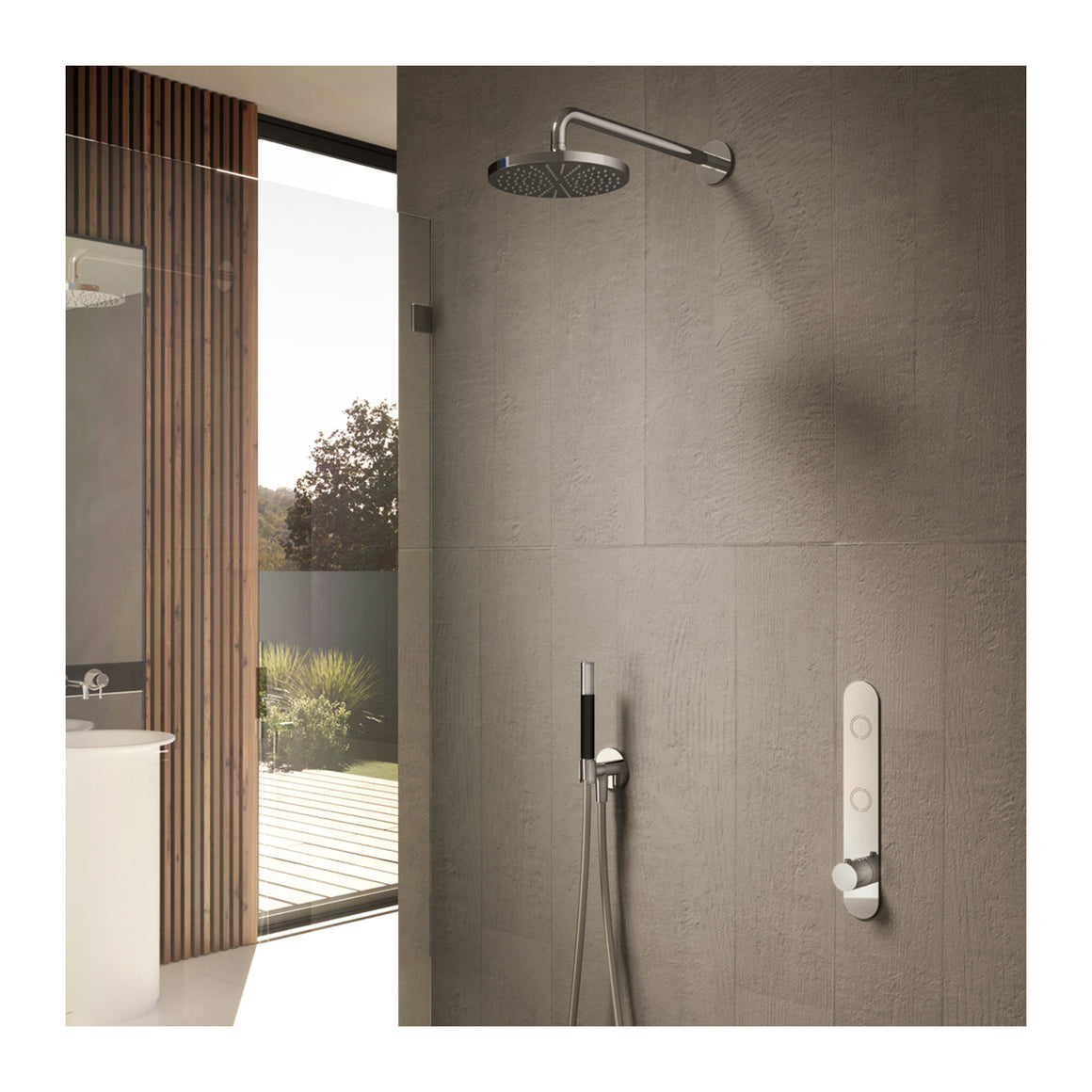 Hotbath Cobber IBS24 inbouw regendoucheset thermostatisch met 2 pushbuttons verticaal Chroom Staafhanddouche + plafondbuis 30 cm + hoofddouche 20 cm + glijstang productfoto