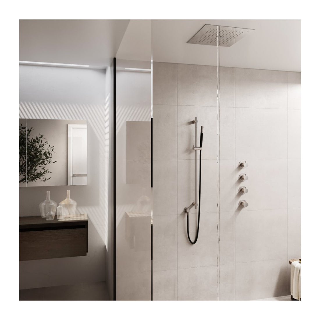Hotbath Cobber IBS27 inbouw regendoucheset thermostatisch met 3 stopkranen Staafhanddouche + hoofddouche 38x38 cm + glijstang sfeerfoto