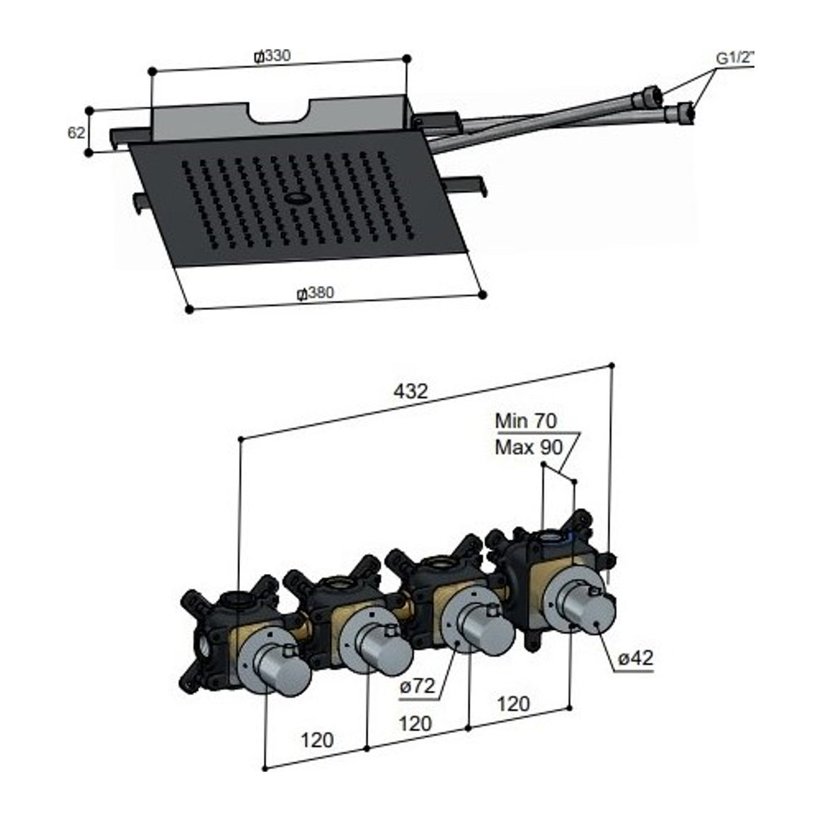 Hotbath Cobber IBS27 inbouw regendoucheset thermostatisch met 3 stopkranen technische tekening